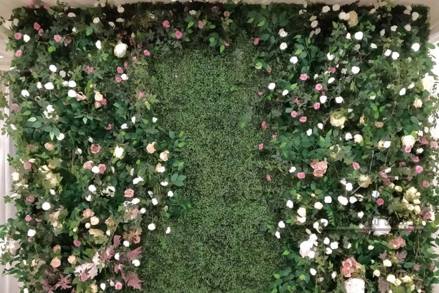 Фотозона из самшита с цветами и зеленью