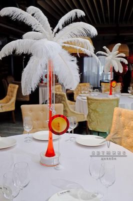 Декоративные перья в вазах на столе гостей